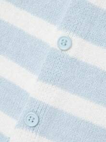 Women's Autumn Blue & White Striped Knit Cardigan, Round Neck, Button Front, Lantern Sleeves, Ribbed Hem, Casual Back To School Daily Top - Blue and White - View 6