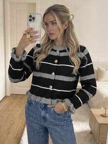 女款秋冬休閒優雅荷葉邊裝飾彩色條紋對比領開襟衫上衣，戶外穿著，返校穿搭 - 黑色 - 查看 6