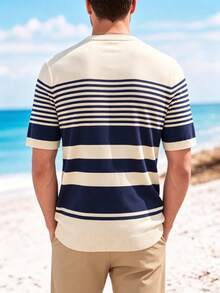 Men's Casual Beach Style Comfortable Striped Crew Neck Versatile Short Sleeve Top - Navy Blue - View 3