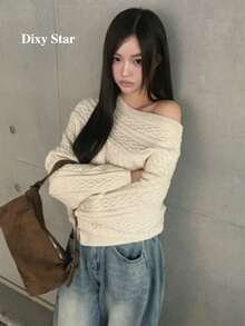 French Style Asymmetrical Shoulder Long Sleeve Sweater Women Winter New Loose Fit Slimming Tops - Apricot - View 2