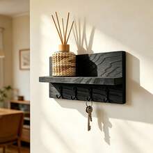 1pc Rustic Wooden Wall Mounted Key Rack With Display Shelf And 4 Hooks, Key And Small Decor Organizer Storage Rack, Bedroom Kitchen Bathroom Entryway Wall Decoration, Room Decor, Home Decor Farmhouse Style Wall Ornament - View 8
