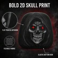 2pcs Set Red Eyes Skull Car Headrest Covers, 2D Print Soft High Elasticity Headrest Towel, Halloween Car Interior Decoration - Black - View 4