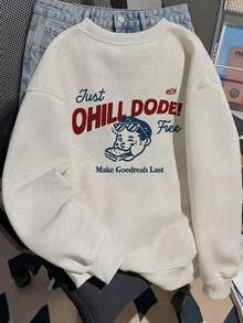Niche Vintage OHILL DODE English Slogan Cartoon Illustration Print Crew Neck Sweatshirt Slouchy Autumn Top - White Grey - View 3