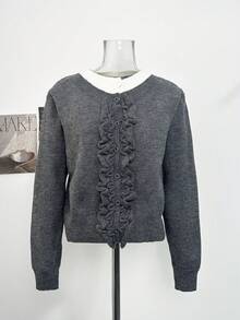 Autumn/Winter New Korean Style Round Neck Cable Knit 2 In 1 Cardigan Casual Versatile Sweater Top - Dark Grey - View 8