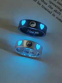 ATLVXJL 2pcs/Set Glowing Couple Rings, Family & Friendship Style, Luminous Double Heart Yin Yang Pattern, Silver & Black Stainless Steel, Casual Jewelry Rings Suitable For Daily Wear And Holiday Gift Giving - Multicolor - View 1