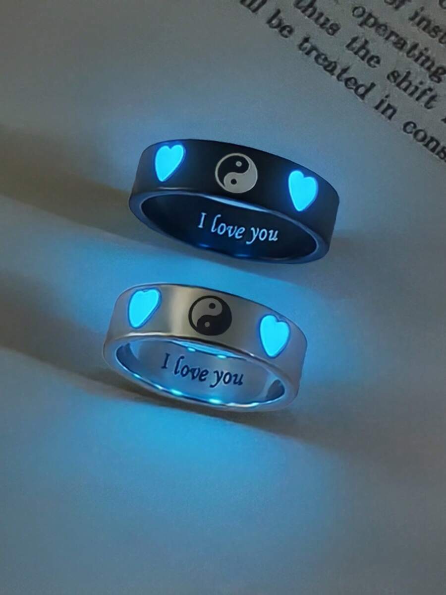 ATLVXJL 2pcs/Set Glowing Couple Rings, Family & Friendship Style, Luminous Double Heart Yin Yang Pattern, Silver & Black Stainless Steel, Casual Jewelry Rings Suitable For Daily Wear And Holiday Gift Giving - Multicolor - View 1