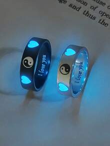 ATLVXJL 2pcs/Set Glowing Couple Rings, Family & Friendship Style, Luminous Double Heart Yin Yang Pattern, Silver & Black Stainless Steel, Casual Jewelry Rings Suitable For Daily Wear And Holiday Gift Giving - Multicolor - View 3