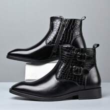 男士鱷魚紋切爾西靴 大尺碼雙扣側拉鍊正式短靴 男款圖案短靴 大尺碼靴子 - 黑色 - 查看 5