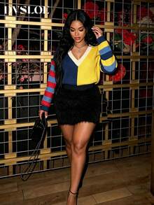 DVSLOE Women Y2K Casual Color Block Fall Winter Sweater Top, V‑Neck Long Sleeve Striped Knit Pullover For Daily Wear, Going Out, Street Style - Multicolor - View 6