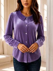 SwallowLucky Plus Size Women's Velvet Peter Pan Collar Long Sleeve Blouse Elegant Solid Front Button Retro Shirt For Daily Wear - Purple - View 3