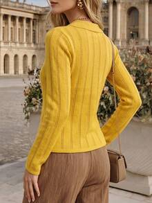 DONICY Women Elegant Outfit Autumn Winter Polo Collar Knit Cardigan, Vertical Stripe Slim Short Button Down Long Sleeve Top - Mustard Yellow - View 2