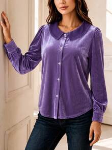 SwallowLucky Plus Size Women's Velvet Peter Pan Collar Long Sleeve Blouse Elegant Solid Front Button Retro Shirt For Daily Wear - Purple - View 6