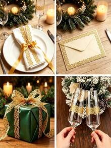 1 Roll Vintage Gold Hollow Lace Decorative Ribbon, Suitable For Scrapbooking, Gift Wrapping And Home Decor, Party Tableware Decoration, Envelope Sealing, Gift Packaging, Clothing Sewing And DIY Decoration - 18m Version - View 2