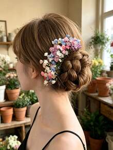 1pc Floral & Star Decorated Hair Clip, Romantic Bohemian Style Curved Design Hair Accessory, Suitable For Wedding, Photography, Daily Wear, Spring - Multicolor - View 6