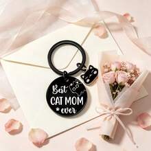 Cat Lover Gift | Stainless Steel Keychain, "Best Cat Mom Ever" Engraved Black Round Pendant With Cute Cat Charm, Meaningful Birthday Holiday Gift, Gift For Cat Mom, Gift For Cat Lovers, Comes With Mesh Gift Bag - Cat Mom Gift - View 2