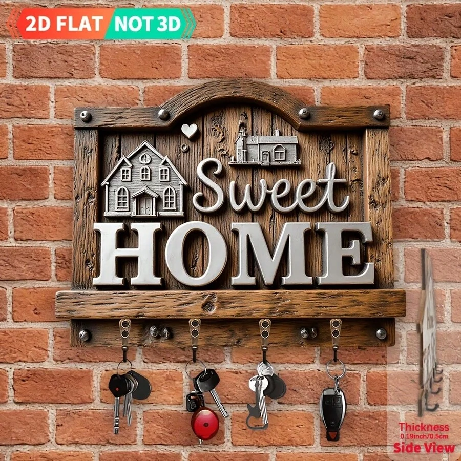 1pc Warm Wooden Key Holder With 4 Metal Hooks, Multi-Functional Wall Mounted Key Rack, Entryway Hallway Wall Door Decor, Farmhouse Rustic Home Organizer, Living Room Bathroom Kitchen Villa Decor, Mother's Day Father's Day Seasonal Home Gift - View 1
