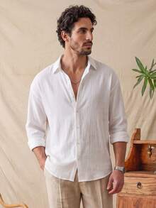 glestore Men's Vintage Old Money Style Textured Button White Shirt Four Seasons Casual Versatile Style - White - View 1