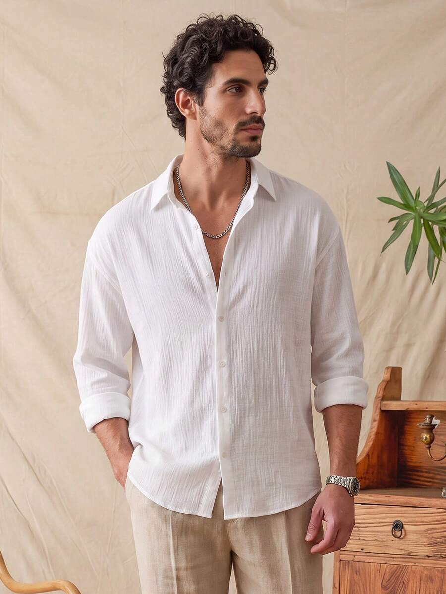 glestore Men's Vintage Old Money Style Textured Button White Shirt Four Seasons Casual Versatile Style - White - View 1