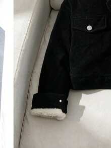 Black Corduroy Hooded Cropped Jacket For Girl, Silver Button Double Pocket Utility Style Short Jacket Top For Petite - Black - View 5