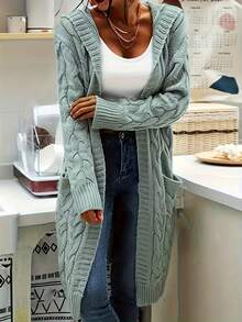 Grass Green Mid-Length Knit Cardigan Sweater For Women, Solid Color With Pockets - Grass Green - View 3