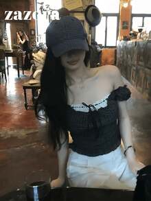 Korean Style Cold Shoulder Plaid Bow Top, Textured Short Petal Sleeve Cinched Waist Summer Blouse - Black and Brown Stripes - View 7