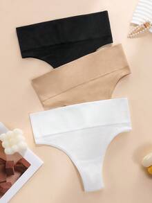 Aofeiqike 3Pcs Women Mid‑Rise Seamless Ribbed Thongs, Solid Color Wide Waistband Daily Ladies Underwear Set - Multicolor - View 12