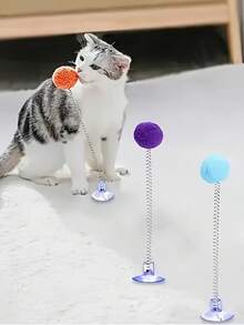 1pc Cat Interactive Training Toy Interactive Cat Toy - Plush Ball, Metal Spring Rod And Suction Cup Base | Durable Design Stimulates Hunting Instinct, Multi-Color Realistic Hunting Toy - Cat Interactive Toy, Indoor Cat Entertainment, Random Color, Happy Cat Toy, Cat Toy - Pet Toy - Pet Supplies - Perfect Gift - Multicolor - View 6