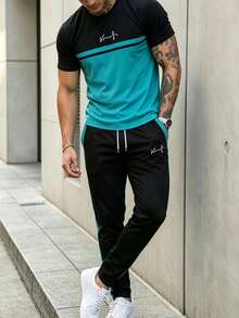 Men's Autumn/Winter Minimalist Comfortable Black & Green Colorblock Short Sleeve Top And Side Stripe Long Pants Set - Multicolor - View 4