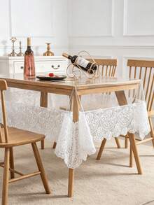 1pc Rectangular Transparent PVC Tablecloth, Floral Embroidered Lace Trim, Waterproof Oil-Proof Easy To Clean Table Cover, Suitable For Dining Table, Home And Kitchen Decor - White - View 3