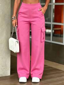 Women's Casual Plain Color Pocket Cargo Pants, Versatile Daily Wear, Spring/Autumn/Winter - Hot Pink - View 4