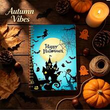 1pc 14*21cm Spiral Notebook, Happy Halloween Silhouette Design For School, Home, Office, Note Taking, Journaling, Daily Planner, Witch Haunted Castle Bat Spider Web Ghost Pumpkin Full Moon Pattern - Multicolor - View 4