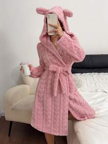 Autumn/Winter Girls' Rabbit Ear Hooded Bathrobe, Gentle Light Pink Heart Jacquard Texture With Outstanding Quality. Long Sleeve Open Front Wrap Design With Waist Tie For Easy Shaping, Fluffy Fleece Fabric For Warmth And Softness Without Pressure. Loose Mid-Length Cut For Comfortable And Relaxed Fit, Perfect For Home And Morning Wear, Cute And Healing - Pink - View 8