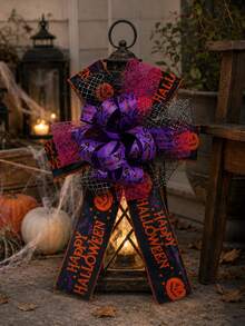 1 pieza Lazo de decoración de Halloween, estilo espeluznante, texto Feliz Halloween, lazo con estampado de telaraña, calabaza y sombrero de bruja, con capa de malla y purpurina, adecuado para coronas, puerta principal, paredes, ventanas, chimeneas, envolver regalos, decoración de fiestas, decoración de entrada de casa embrujada, decoración del hogar, decoración de la habitación - Multicolor - Ver 2