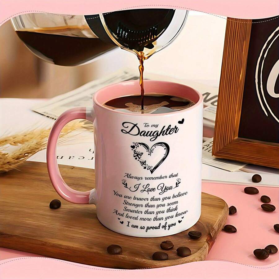 To My Daughter Inspirational Coffee Mug, Pink Interior Heart Butterfly Print Ceramic Cup, Sentimental Gift For Daughter, Ideal For Juice,Milk, Coffee- Perfect Birthday And Holiday Gift For Family,Gift For Him, Funny Mug