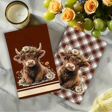 2PCS Farmhouse Kitchen Towels, Cute Highland Cow Flower Crown Plaid Print Dish Towels, Rustic Country Home Decor Hand Tea Towels For Kitchen - Brown - View 6