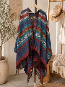 1pc Women's Jacquard Tassel Cape Shawl, Vintage Exotic Style Outerwear For Travel, Vacation And Photo Atmosphere - Multi-color Patchwork - View 2