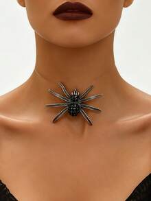 1pc Women's Invisible Fishing Line Black Spider Pendant Short Necklace, Dark Punk Gothic Style Collarbone Necklace, Suitable For Halloween Costume Party Wear - Ancient Silver+Black - View 3