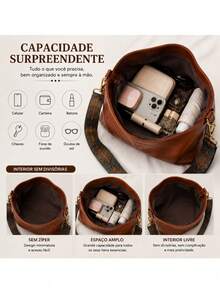 Bolsa hobo feminina transversal e de ombro em couro, alça larga com estampa étnica, de grande capacidade, estilo elegante e retrô para deslocamento diário e viagens - Castanho - Visão 8
