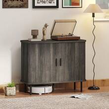 Mid-Modern Sideboard Storage Cabinet With Slatted Tambour Sliding, Kitchen Cabinet With Steel, On-Site - Rustic Brown + Engineered Wood - View 10