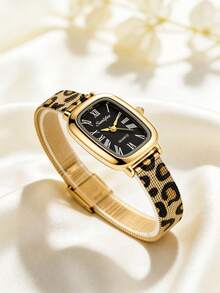 1pc Women's Rectangular Vintage Elegant Quartz Watch, Gold Alloy Case, Black/Red Roman Numeral Dial, Fashion Leopard Print Metal Mesh Strap - Black - View 3