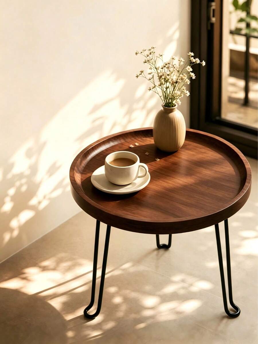 طاولة جانبية دائرية قابلة للطي بتصميم بسيط مع سطح طاولة بملمس الخشب الصلب، تصميم صينية غائرة مقاومة للانسكاب، دعامة حديدية فنية قوية، متعددة الاستخدامات للمنازل ذات المساحات الصغيرة. - لون عشوائي - مشاهدة 1