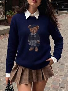 Women's Navy Blue Teddy Bear Print Knit Long Sleeve Crew Neck Pullover, Autumn Essential - Navy Blue - View 2