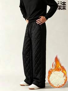 mulinsen Men's Quilted Diamond Pattern Wide Leg Pants, Elastic Drawstring Waist Warm Loose Casual Winter Long Pants With Pockets - Black - View 1