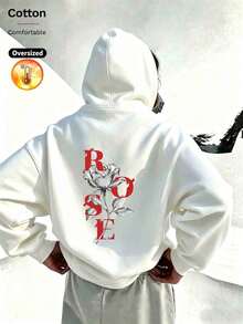 2026 Autumn Winter Custom Loose White Hoodie Women, Red Letter ROSE With Black And White Rose Floral Print Back Center, Y2K Style - White - View 15