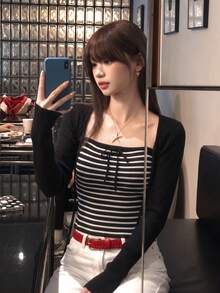 Setelan 2pcs Musim Semi/Panas Terbaru, Seksi, Manis, dan Menggoda, Terdiri dari Tank Top Bandeau dengan Tali Pengikat dan Kardigan Rajut Lengan Panjang Pendek yang Membentuk Tubuh, Cocok untuk Jalan-jalan, Bepergian, dan Kencan. - Hitam - View 5