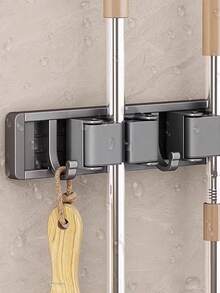 1 Wall‑Mount Mop Broom Holder, Adjustable Hooks Cleaning Tool Organizer Rack, Space‑Saving Storage For Bathroom Kitchen Garage Laundry Garden, Heavy‑Duty Household Storage Solution - Multicolor - View 7