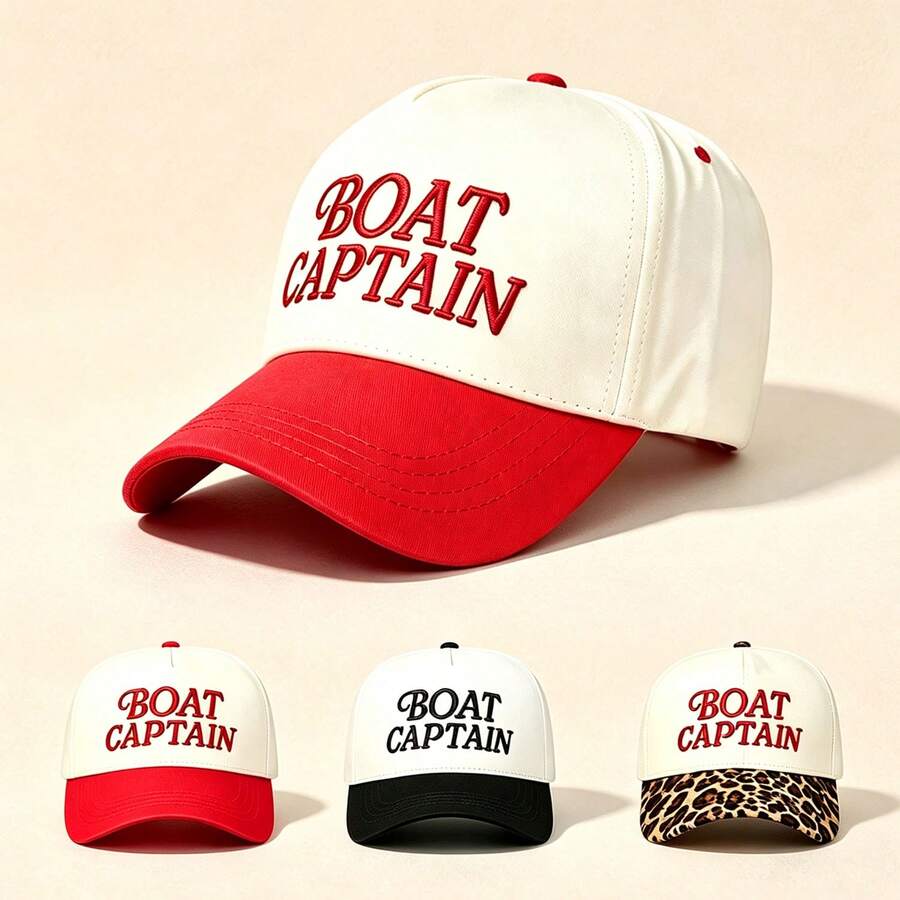 1pc BOAT CAPTAIN Letter Embroidered Baseball Cap Two‑Tone Leopard Brim Adjustable Hat For Boating Vacation Casual Street Travel