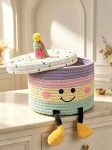 1pc Multicolor Cake-Shaped Storage Basket, Woven Cylindrical Organizer Bin With Lid, Plush Party Hat Design, Face Decoration, Desktop Storage Box, Suitable For Birthday Party, Home Indoor Daily Use - Multicolor - View 10