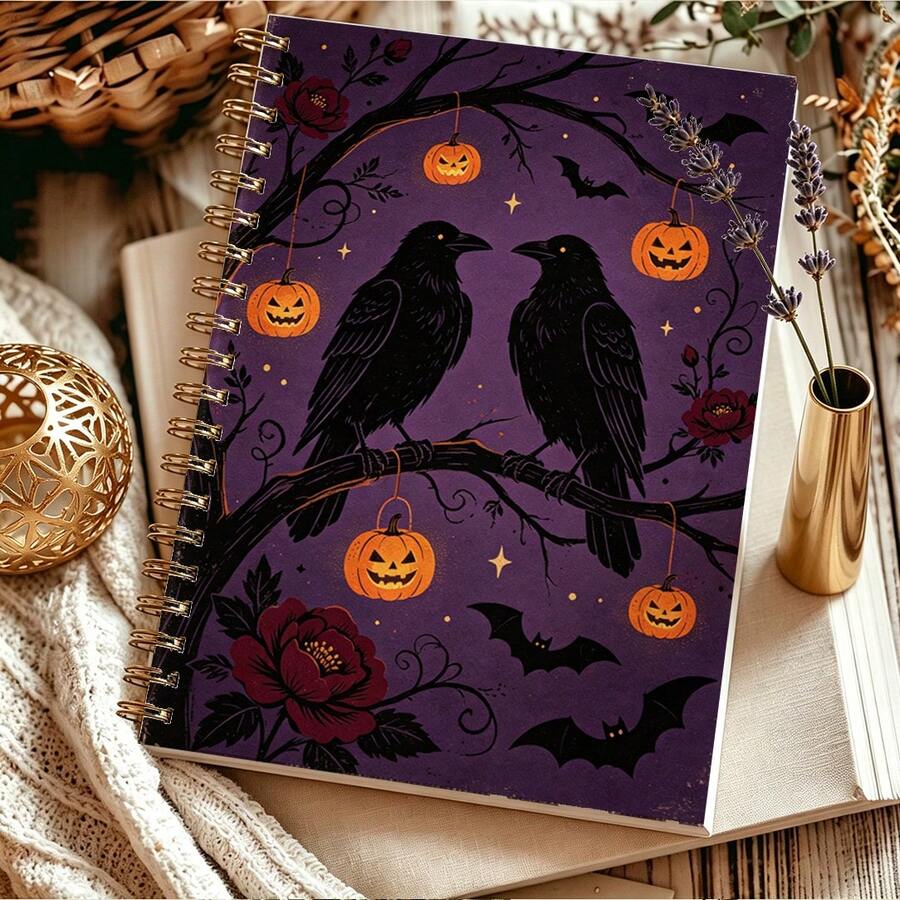 1pc A5 Spiral Bound Notebook, Retro Gothic Halloween Cover Of Ravens, Bats And Peony Flowers , Multipurpose Journal For Daily Writing And Reflection - Gothic - View 1
