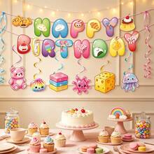21PC Cute Cartoon Food Theme Birthday Party Decoration Set, Including Birthday Flags With Dumpling And Bread Patterns, Jelly Bear And Starfish Hanging Ornaments With Rotating Fringes, And Party Ceiling Hanging Decorations - View 7